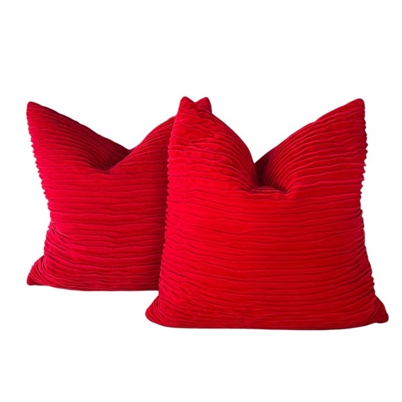 Crate & Barrel Lyra Red Velvet Textured Accent Pillow Set 20 x 20 Down Insert - Picture 1 of 9